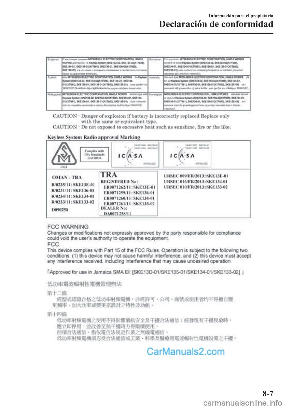 MAZDA MODEL CX-5 2015  Manual del propietario (in Spanish)  Información para el propietario
Declaración de conformidad
8-7  