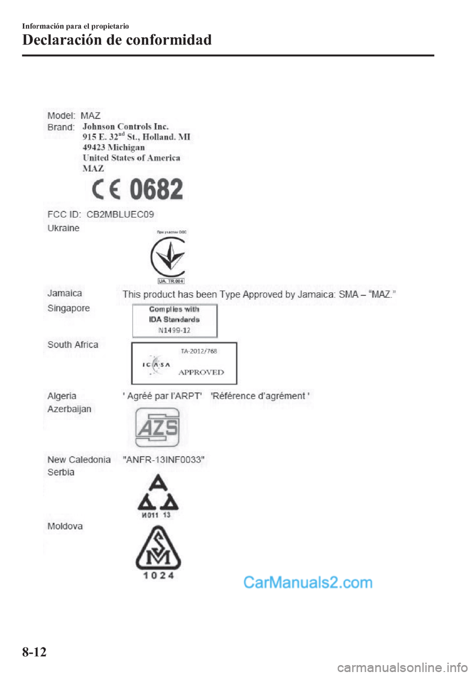 MAZDA MODEL CX-5 2015  Manual del propietario (in Spanish)  8-12
Información para el propietario
Declaración de conformidad  