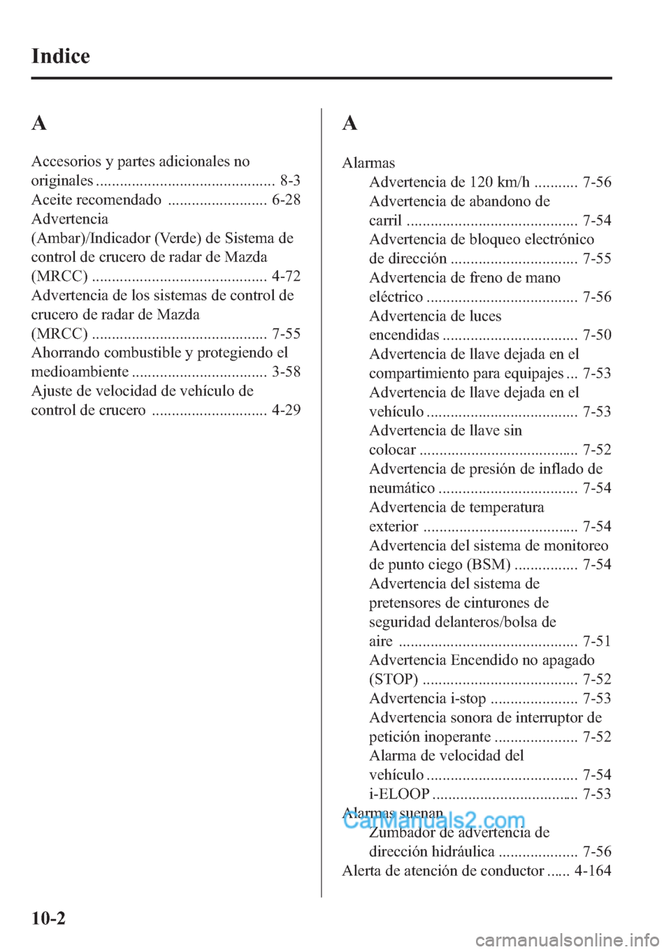 MAZDA MODEL CX-5 2015 Manual del propietario (in Spanish) A
Accesorios y partes adicionales no
originales ............................................. 8-3
Aceite recomendado ......................... 6-28
Advertencia
(Ambar)/Indicador (Verde) de Sistema de
MAZDA MODEL CX-5 2015 Manual del propietario (in Spanish) A
Accesorios y partes adicionales no
originales ............................................. 8-3
Aceite recomendado ......................... 6-28
Advertencia
(Ambar)/Indicador (Verde) de Sistema de
