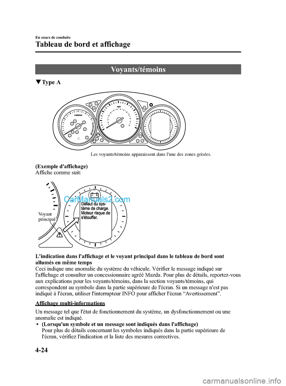 MAZDA MODEL CX-5 2015 Manuel du propriétaire (in French) Black plate (172,1)
Voyants/témoins
qType A
Les voyants/témoins apparaissent dans lune des zones grisées.
(Exemple daffichage)
Affiche comme suit:
Voyant
principal
Lindication dans laffichage MAZDA MODEL CX-5 2015 Manuel du propriétaire (in French) Black plate (172,1)
Voyants/témoins
qType A
Les voyants/témoins apparaissent dans lune des zones grisées.
(Exemple daffichage)
Affiche comme suit:
Voyant
principal
Lindication dans laffichage