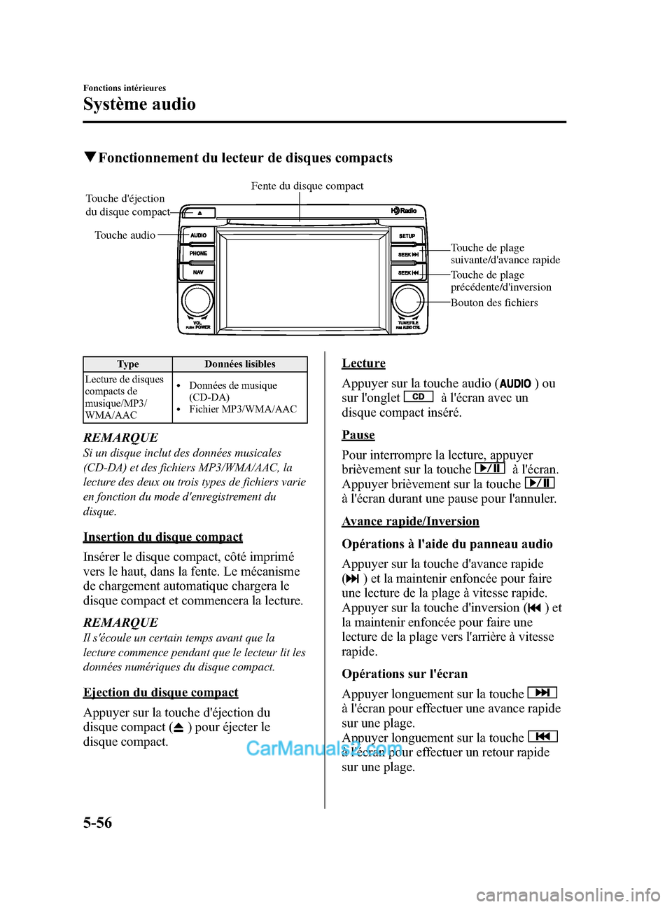 MAZDA MODEL CX-5 2015 Manuel du propriétaire (in French) Black plate (322,1)
qFonctionnement du lecteur de disques compacts
Fente du disque compact
Touche audio
Touche déjection
du disque compact
Touche de plage
suivante/davance rapide
Touche de plage MAZDA MODEL CX-5 2015 Manuel du propriétaire (in French) Black plate (322,1)
qFonctionnement du lecteur de disques compacts
Fente du disque compact
Touche audio
Touche déjection
du disque compact
Touche de plage
suivante/davance rapide
Touche de plage