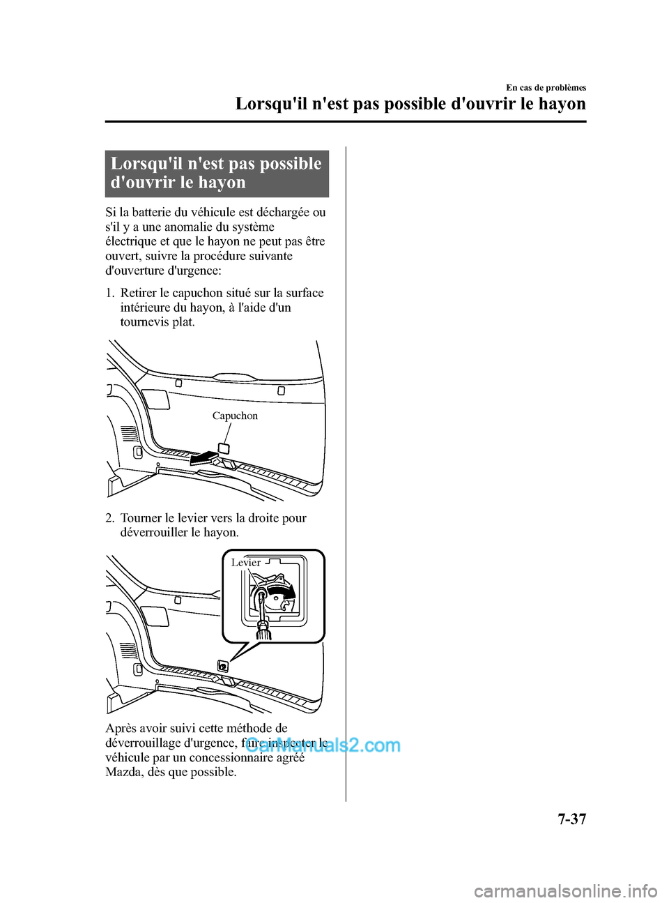 MAZDA MODEL CX-5 2015 Manuel du propriétaire (in French) Black plate (505,1)
Lorsquil nest pas possible
douvrir le hayon
Si la batterie du véhicule est déchargée ou
sil y a une anomalie du système
électrique et que le hayon ne peut pas être
ouvert MAZDA MODEL CX-5 2015 Manuel du propriétaire (in French) Black plate (505,1)
Lorsquil nest pas possible
douvrir le hayon
Si la batterie du véhicule est déchargée ou
sil y a une anomalie du système
électrique et que le hayon ne peut pas être
ouvert