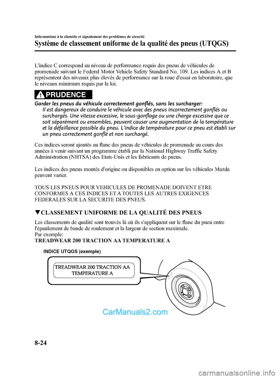 MAZDA MODEL CX-5 2015 Manuel du propriétaire (in French) Black plate (530,1)
Lindice C correspond au niveau de performance requis des pneus de véhicules de
promenade suivant le Federal Motor Vehicle Safety Standard No. 109. Les indices A et B
représenten MAZDA MODEL CX-5 2015 Manuel du propriétaire (in French) Black plate (530,1)
Lindice C correspond au niveau de performance requis des pneus de véhicules de
promenade suivant le Federal Motor Vehicle Safety Standard No. 109. Les indices A et B
représenten
