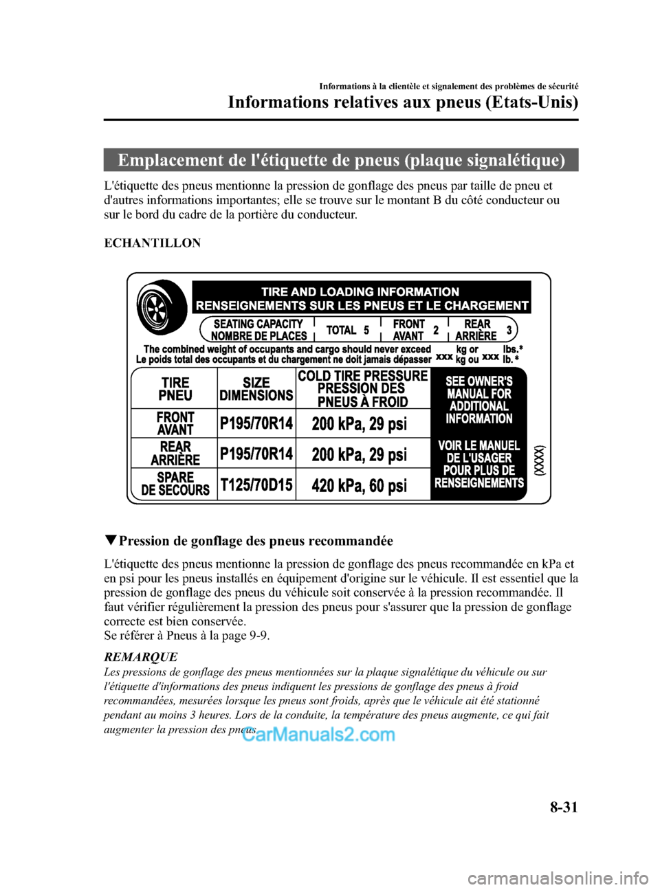 MAZDA MODEL CX-5 2015 Manuel du propriétaire (in French) Black plate (537,1)
Emplacement de létiquette de pneus (plaque signalétique)
Létiquette des pneus mentionne la pression de gonflage des pneus par taille de pneu et
dautres informations important MAZDA MODEL CX-5 2015 Manuel du propriétaire (in French) Black plate (537,1)
Emplacement de létiquette de pneus (plaque signalétique)
Létiquette des pneus mentionne la pression de gonflage des pneus par taille de pneu et
dautres informations important