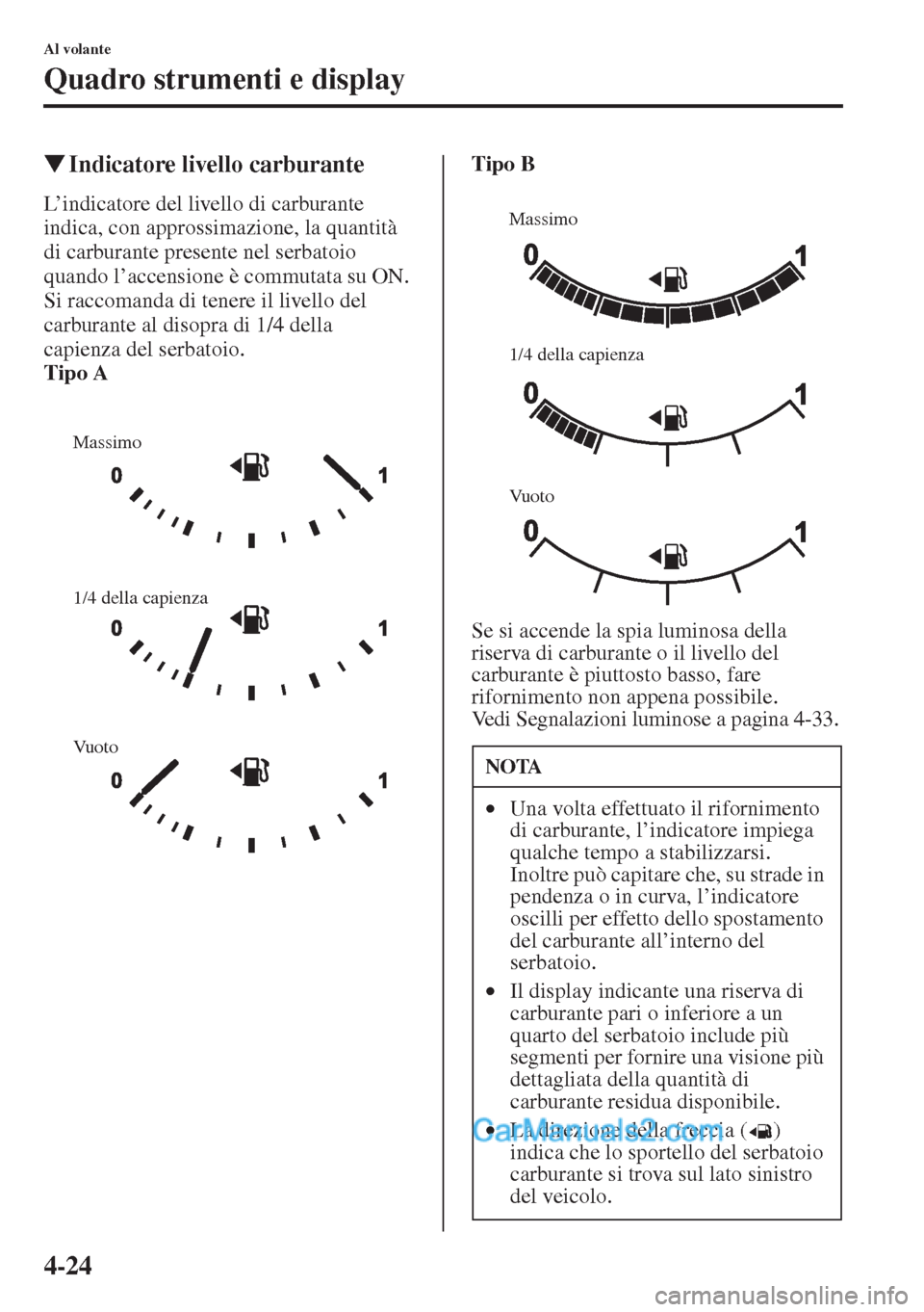 MAZDA MODEL CX-5 2015  Manuale del proprietario (in Italian) 4-24
Al volante
Quadro strumenti e display
�WIndicatore livello carburante
L’indicatore del livello di carburante 
indica, con approssimazione, la quantità 
di carburante presente nel serbatoio 
qu