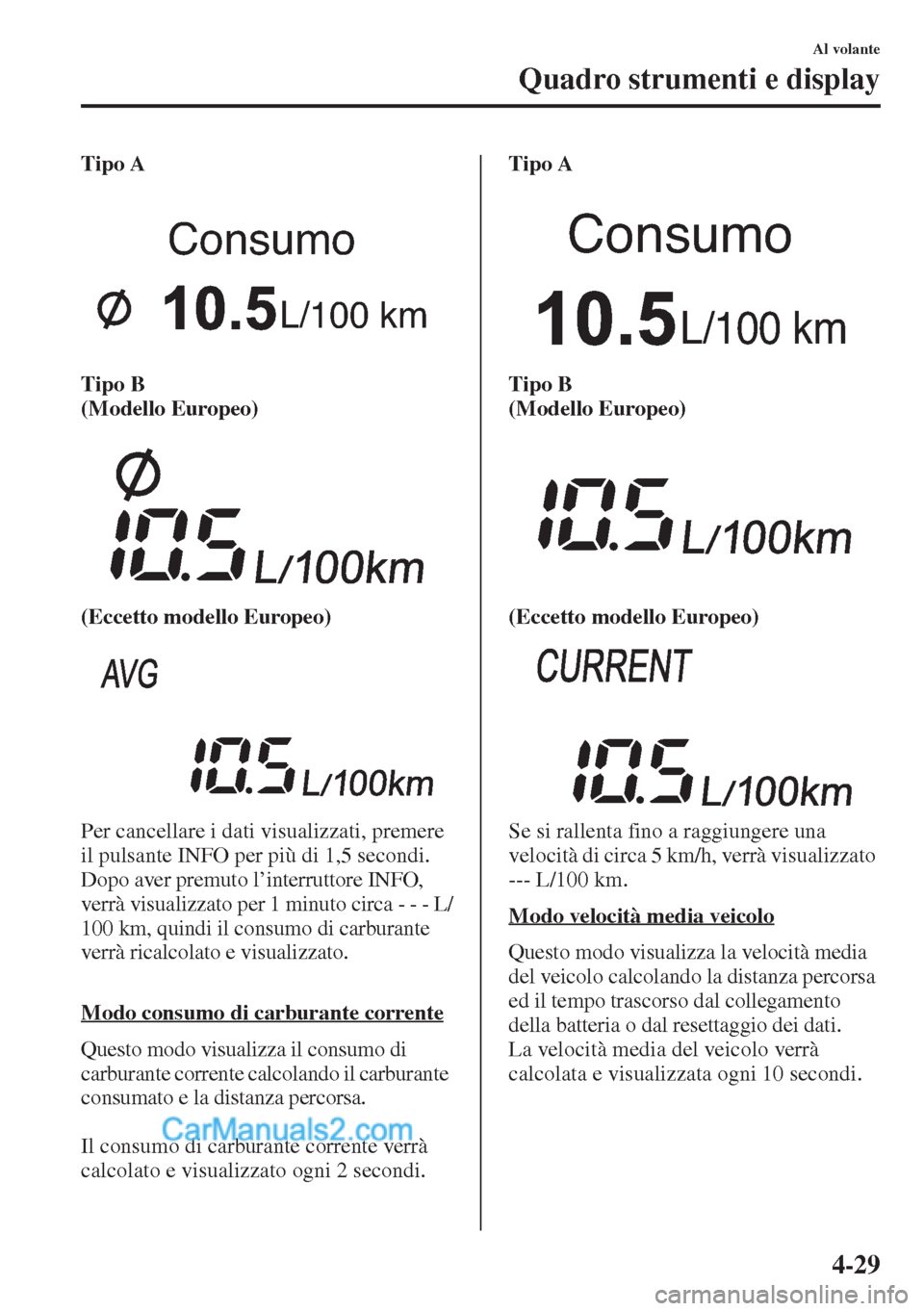 MAZDA MODEL CX-5 2015  Manuale del proprietario (in Italian) 4-29
Al volante
Quadro strumenti e display
Tipo A
Tipo B 
(Modello Europeo)
(Eccetto modello Europeo)
Per cancellare i dati visualizzati, premere 
il pulsante INFO per più di 1,5 secondi.
Dopo aver p