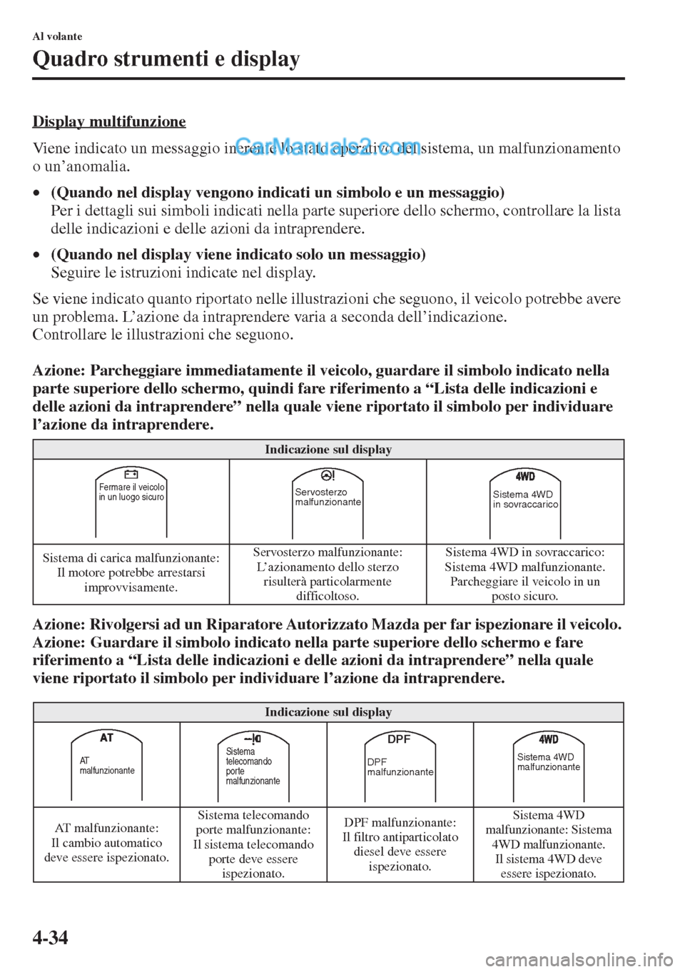 MAZDA MODEL CX-5 2015  Manuale del proprietario (in Italian) 4-34
Al volante
Quadro strumenti e display
Display multifunzione
Viene indicato un messaggio inerente lo stato operativo del sistema, un malfunzionamento 
o un’anomalia.
•(Quando nel display vengo