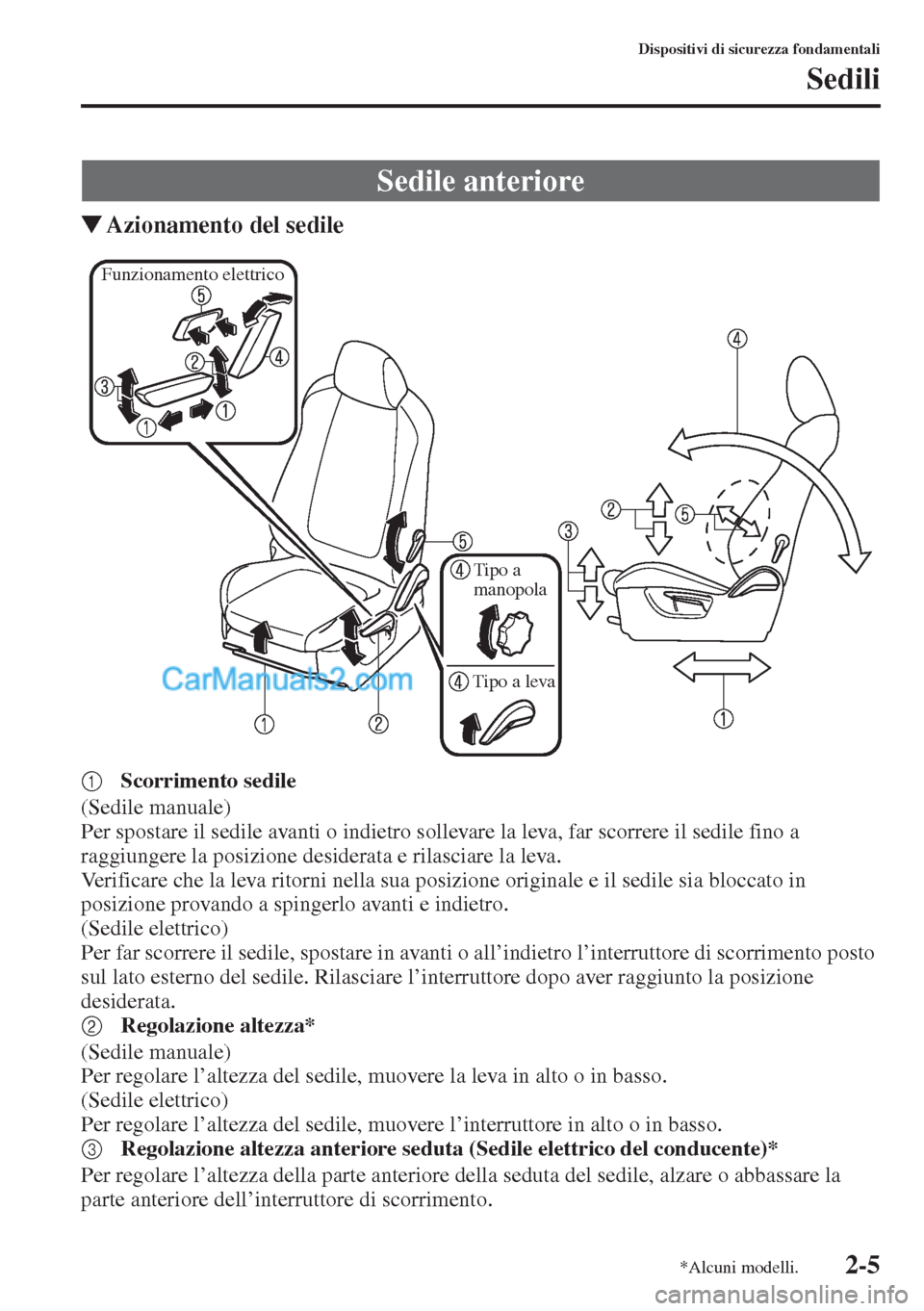 MAZDA MODEL CX-5 2015  Manuale del proprietario (in Italian) 2-5
Dispositivi di sicurezza fondamentali
Sedili
�WAzionamento del sedile
1Scorrimento sedile
(Sedile manuale)
Per spostare il sedile avanti o indietro sollevare la leva, far scorrere il sedile fino a