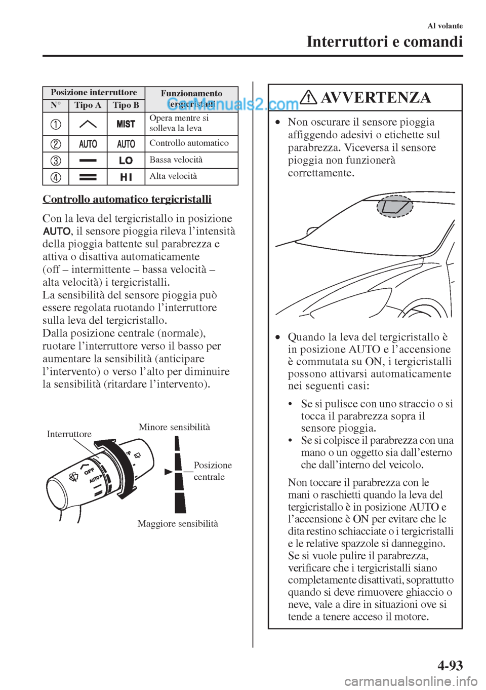 MAZDA MODEL CX-5 2015  Manuale del proprietario (in Italian) 4-93
Al volante
Interruttori e comandi
Controllo automatico tergicristalli
Con la leva del tergicristallo in posizione 
, il sensore pioggia rileva l’intensità 
della pioggia battente sul parabrezz