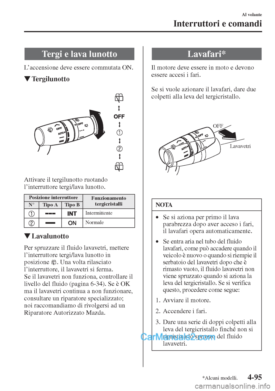 MAZDA MODEL CX-5 2015  Manuale del proprietario (in Italian) 4-95
Al volante
Interruttori e comandi
L’accensione deve essere commutata ON.
�WTergilunotto
Attivare il tergilunotto ruotando 
l’interruttore tergi/lava lunotto.
�WLavalunotto
Per spruzzare il fl