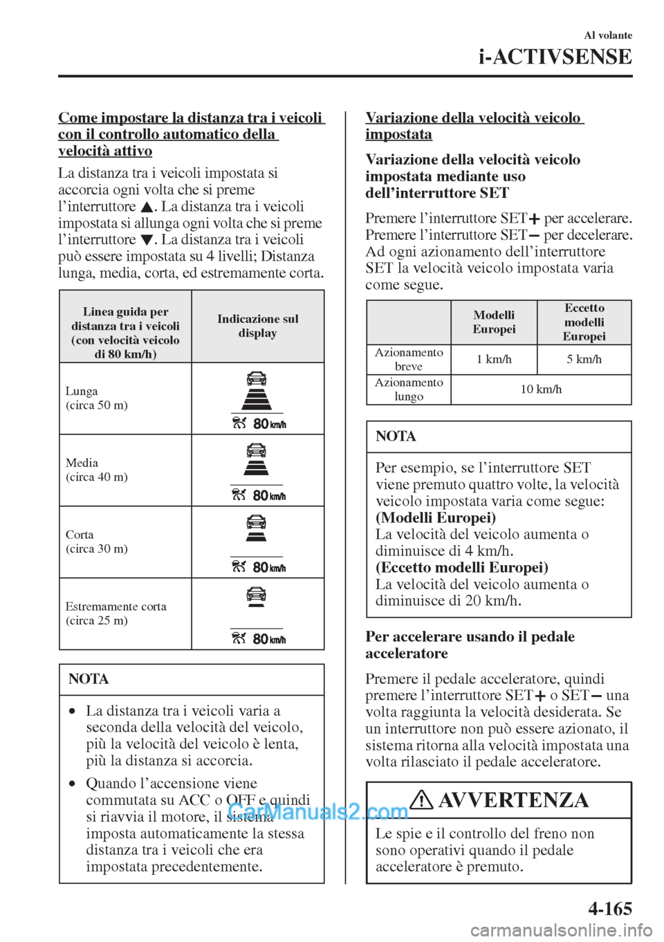 MAZDA MODEL CX-5 2015  Manuale del proprietario (in Italian) 4-165
Al volante
i-ACTIVSENSE
Come impostare la distanza tra i veicoli 
con il controllo automatico della 
velocità attivo
La distanza tra i veicoli impostata si 
accorcia ogni volta che si preme 
l