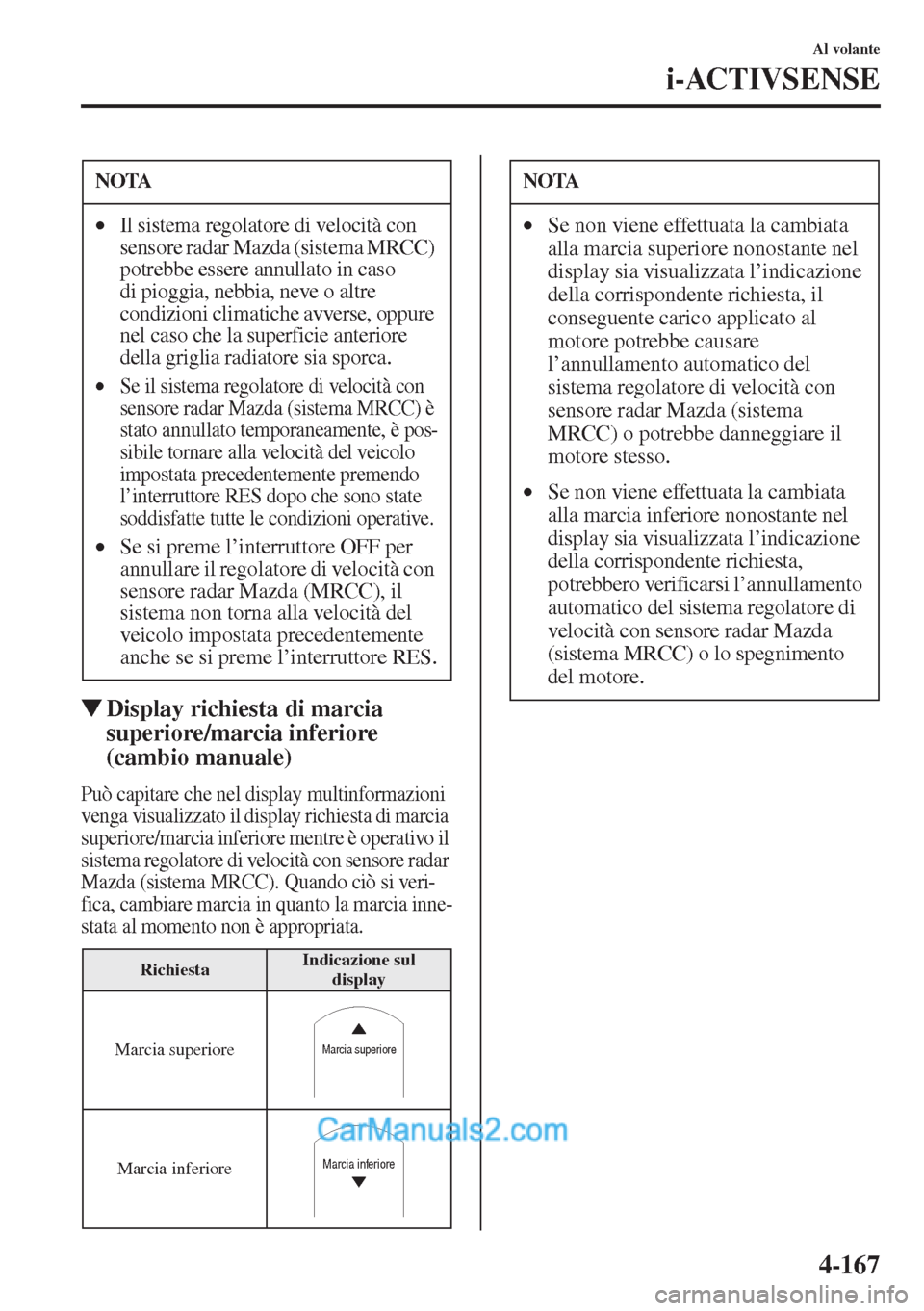 MAZDA MODEL CX-5 2015  Manuale del proprietario (in Italian) 4-167
Al volante
i-ACTIVSENSE
�WDisplay richiesta di marcia 
superiore/marcia inferiore 
(cambio manuale)
Può capitare che nel display multinformazioni 
venga visualizzato il display richiesta di mar