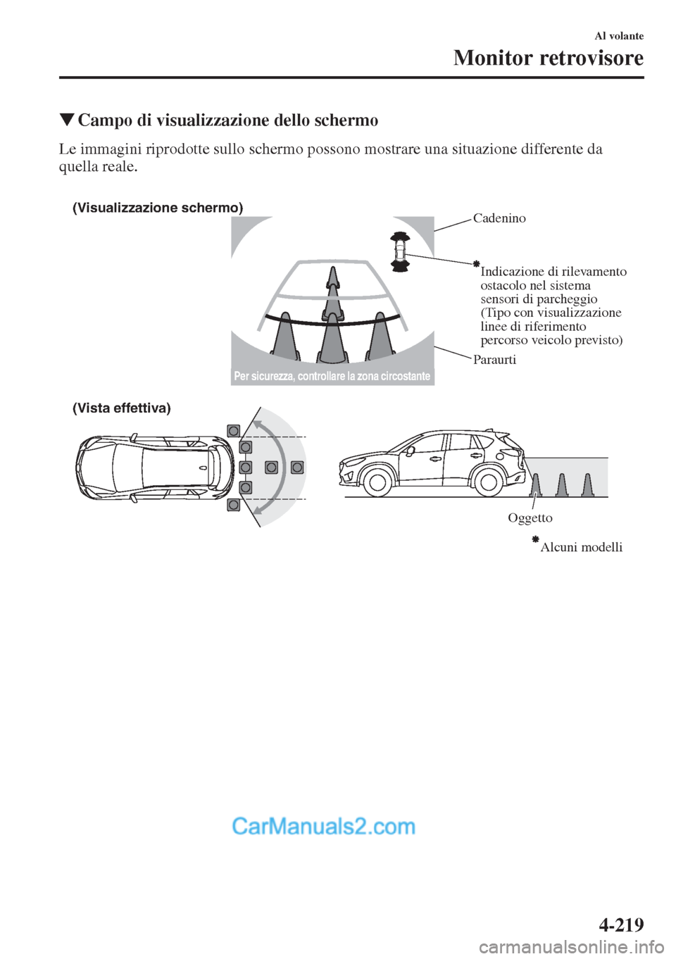 MAZDA MODEL CX-5 2015  Manuale del proprietario (in Italian) 4-219
Al volante
Monitor retrovisore
�WCampo di visualizzazione dello schermo
Le immagini riprodotte sullo schermo possono mostrare una situazione differente da 
quella reale.
(Visualizzazione schermo