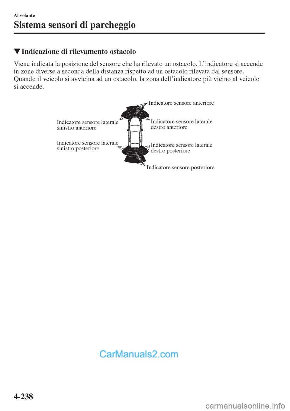 MAZDA MODEL CX-5 2015  Manuale del proprietario (in Italian) 4-238
Al volante
Sistema sensori di parcheggio
�WIndicazione di rilevamento ostacolo
Viene indicata la posizione del sensore che ha rilevato un ostacolo. L’indicatore si accende 
in zone diverse a s