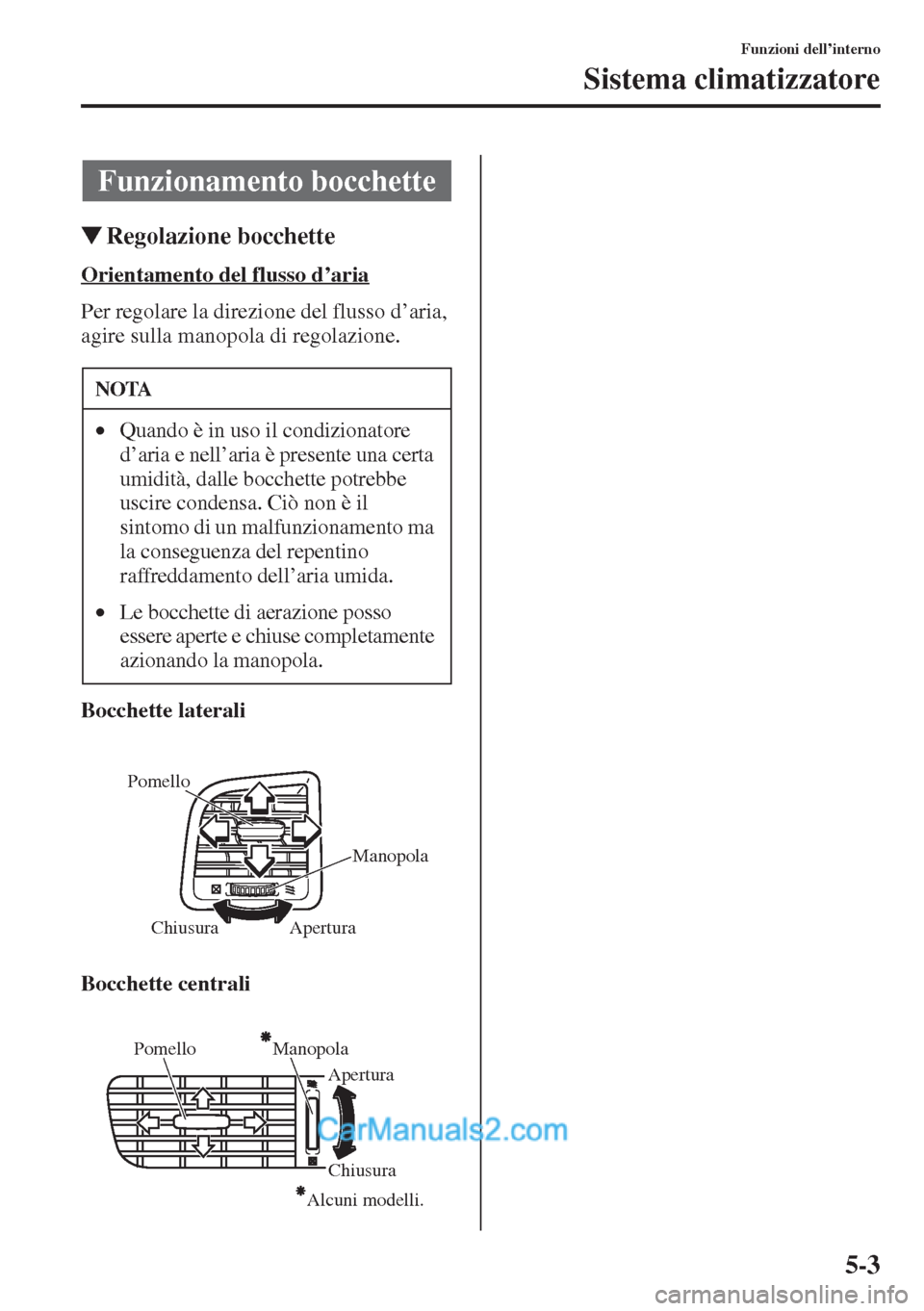 MAZDA MODEL CX-5 2015  Manuale del proprietario (in Italian) 5-3
Funzioni dell’interno
Sistema climatizzatore
�WRegolazione bocchette
Orientamento del flusso d
Per regolare la direzione del flusso d’aria, 
agire sulla manopola di regolazione.
Bocchette late