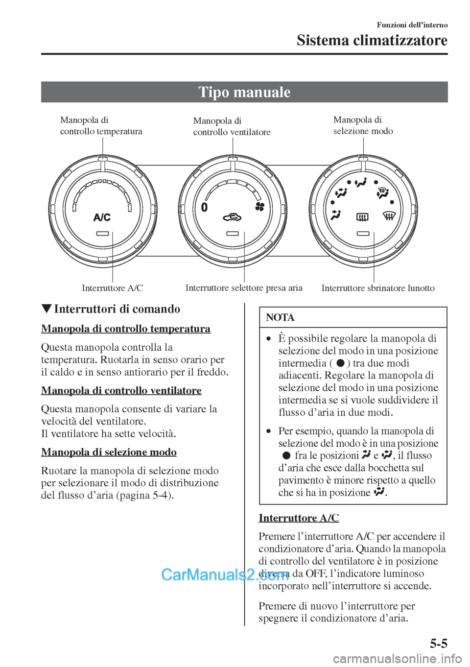 MAZDA MODEL CX-5 2015  Manuale del proprietario (in Italian) 5-5
Funzioni dell’interno
Sistema climatizzatore
�WInterruttori di comando
Manopola di controllo temperatura
Questa manopola controlla la 
temperatura. Ruotarla in senso orario per 
il caldo e in se