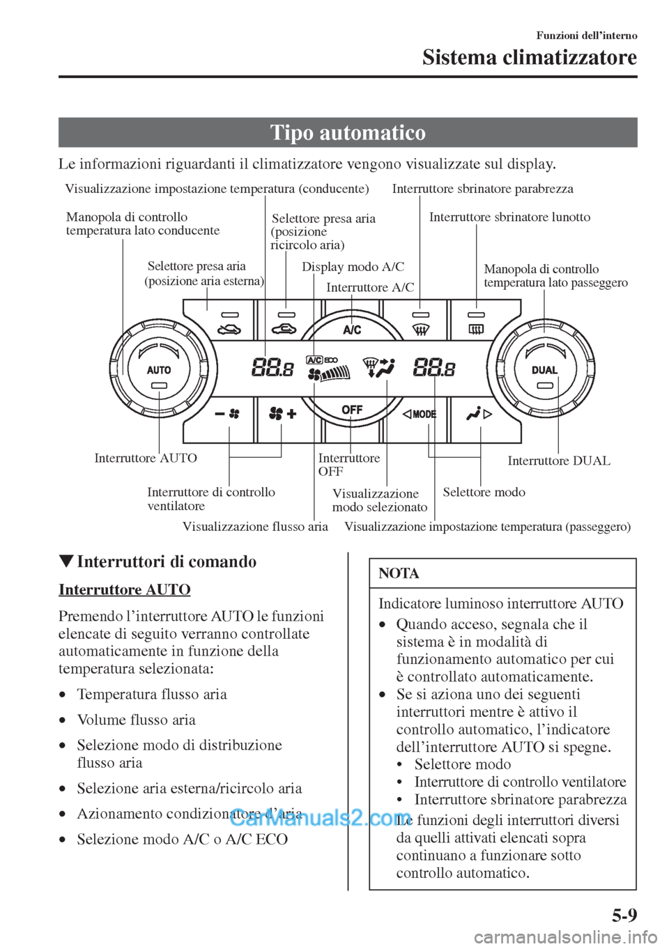 MAZDA MODEL CX-5 2015  Manuale del proprietario (in Italian) 5-9
Funzioni dell’interno
Sistema climatizzatore
Le informazioni riguardanti il climatizzatore vengono visualizzate sul display.
�WInterruttori di comando
Interruttore AUTO
Premendo l’interruttore