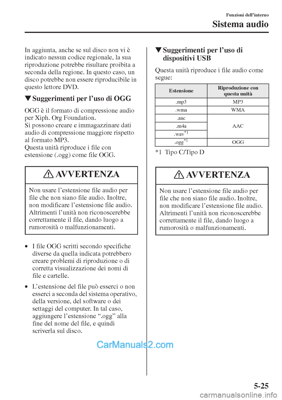MAZDA MODEL CX-5 2015 Manuale del proprietario (in Italian) 5-25
Funzioni dell’interno
Sistema audio
In aggiunta, anche se sul disco non vi è
indicato nessun codice regionale, la sua
riproduzione potrebbe risultare proibita a
seconda della regione. In qu MAZDA MODEL CX-5 2015 Manuale del proprietario (in Italian) 5-25
Funzioni dell’interno
Sistema audio
In aggiunta, anche se sul disco non vi è
indicato nessun codice regionale, la sua
riproduzione potrebbe risultare proibita a
seconda della regione. In qu