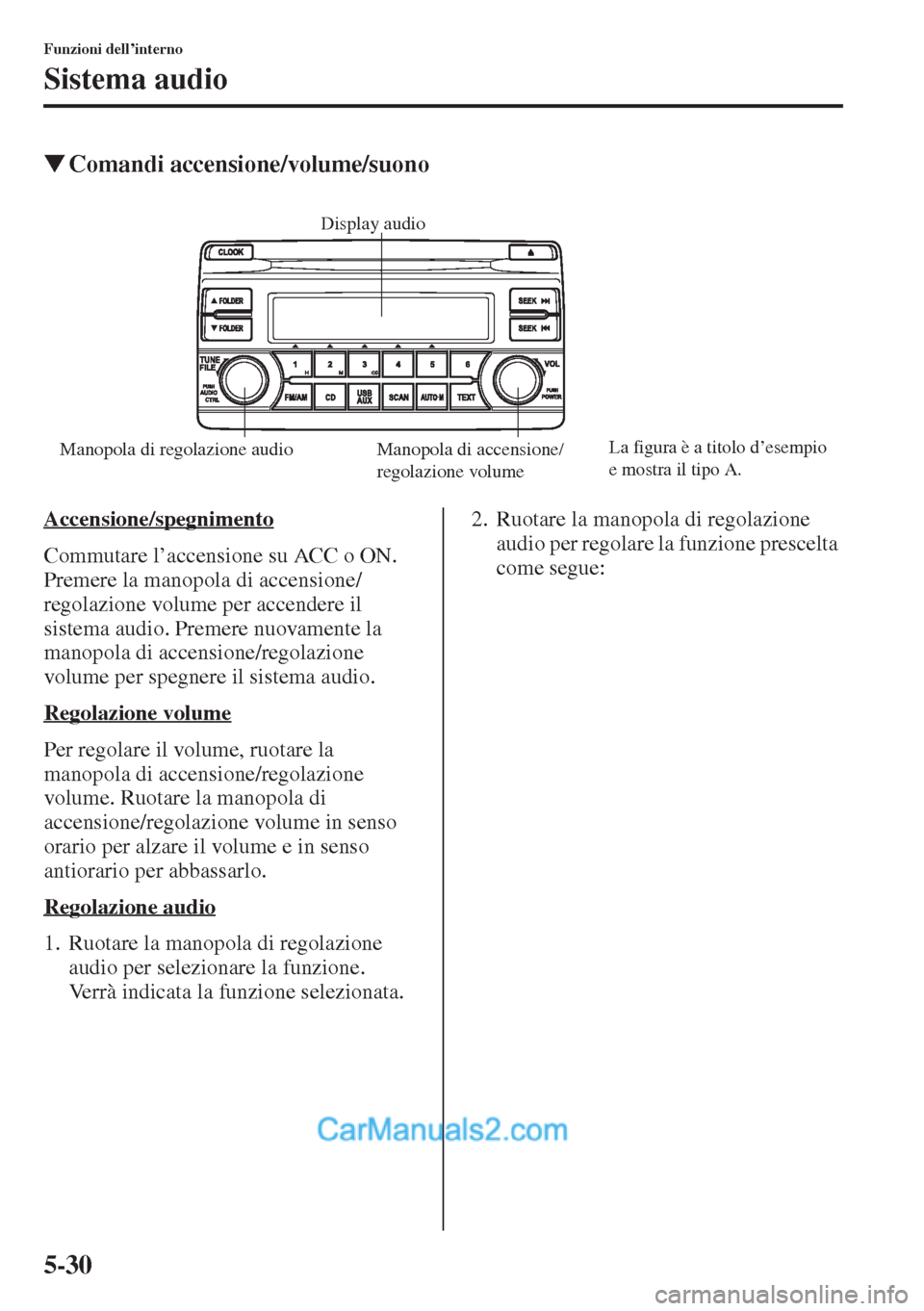 MAZDA MODEL CX-5 2015  Manuale del proprietario (in Italian) 5-30
Funzioni dell’interno
Sistema audio
�WComandi accensione/volume/suono
Accensione/spegnimento
Commutare l’accensione su ACC o ON. 
Premere la manopola di accensione/
regolazione volume per acc