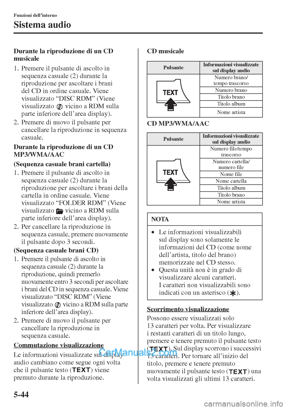 MAZDA MODEL CX-5 2015  Manuale del proprietario (in Italian) 5-44
Funzioni dell’interno
Sistema audio
Durante la riproduzione di un CD 
musicale
1. Premere il pulsante di ascolto in 
sequenza casuale (2) durante la 
riproduzione per ascoltare i brani 
del CD 
