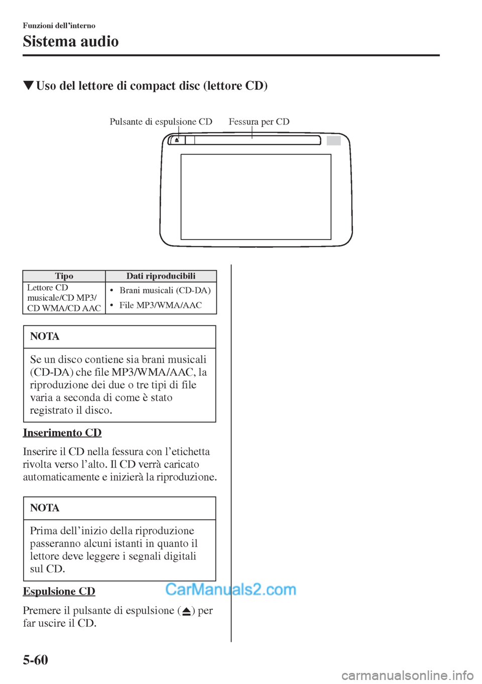 MAZDA MODEL CX-5 2015  Manuale del proprietario (in Italian) 5-60
Funzioni dell’interno
Sistema audio
�WUso del lettore di compact disc (lettore CD)
Inserimento CD
Inserire il CD nella fessura con l’etichetta 
rivolta verso l’alto. Il CD verrà caricato 
