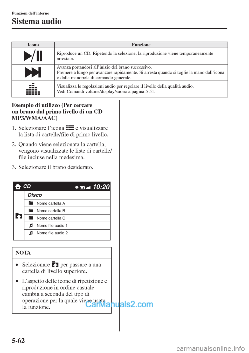 MAZDA MODEL CX-5 2015 Manuale del proprietario (in Italian) 5-62
Funzioni dell’interno
Sistema audio
Esempio di utilizzo (Per cercare
un brano dal primo livello di un CD
MP3/WMA/AAC)
1. Selezionare l’icona e visualizzare
la lista di cartelle/file di p MAZDA MODEL CX-5 2015 Manuale del proprietario (in Italian) 5-62
Funzioni dell’interno
Sistema audio
Esempio di utilizzo (Per cercare
un brano dal primo livello di un CD
MP3/WMA/AAC)
1. Selezionare l’icona e visualizzare
la lista di cartelle/file di p