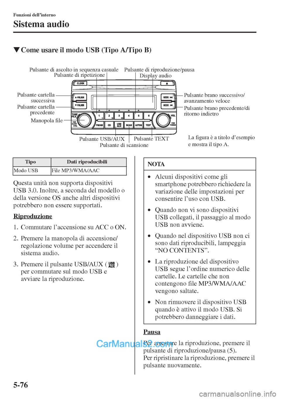 MAZDA MODEL CX-5 2015  Manuale del proprietario (in Italian) 5-76
Funzioni dell’interno
Sistema audio
�WCome usare il modo USB (Tipo A/Tipo B)
Questa unità non supporta dispositivi 
USB 3.0. Inoltre, a seconda del modello o 
della versione OS anche altri dis