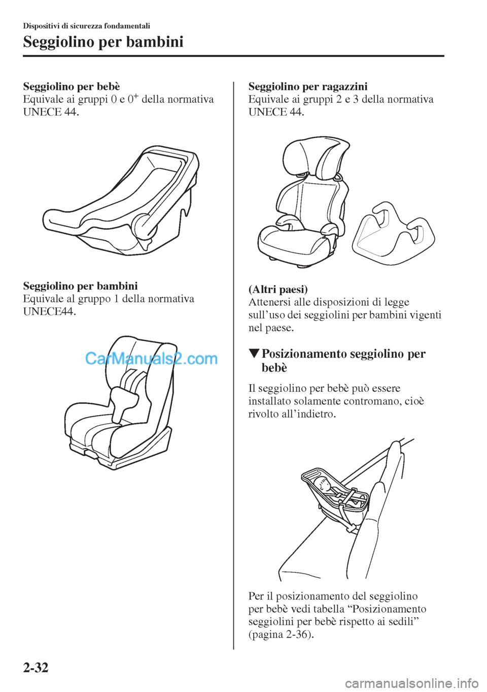 MAZDA MODEL CX-5 2015  Manuale del proprietario (in Italian) 2-32
Dispositivi di sicurezza fondamentali
Seggiolino per bambini
Seggiolino per bebè
Equivale ai gruppi 0 e 0+ della normativa 
UNECE 44.
Seggiolino per bambini
Equivale al gruppo 1 della normativa 