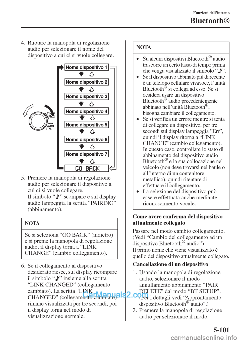 MAZDA MODEL CX-5 2015 Manuale del proprietario (in Italian) 5-101
Funzioni dell’interno
Bluetooth®
4. Ruotare la manopola di regolazione
audio per selezionare il nome del
dispositivo a cui ci si vuole collegare.
5. Premere la manopola di regolazione
audi MAZDA MODEL CX-5 2015 Manuale del proprietario (in Italian) 5-101
Funzioni dell’interno
Bluetooth®
4. Ruotare la manopola di regolazione
audio per selezionare il nome del
dispositivo a cui ci si vuole collegare.
5. Premere la manopola di regolazione
audi
