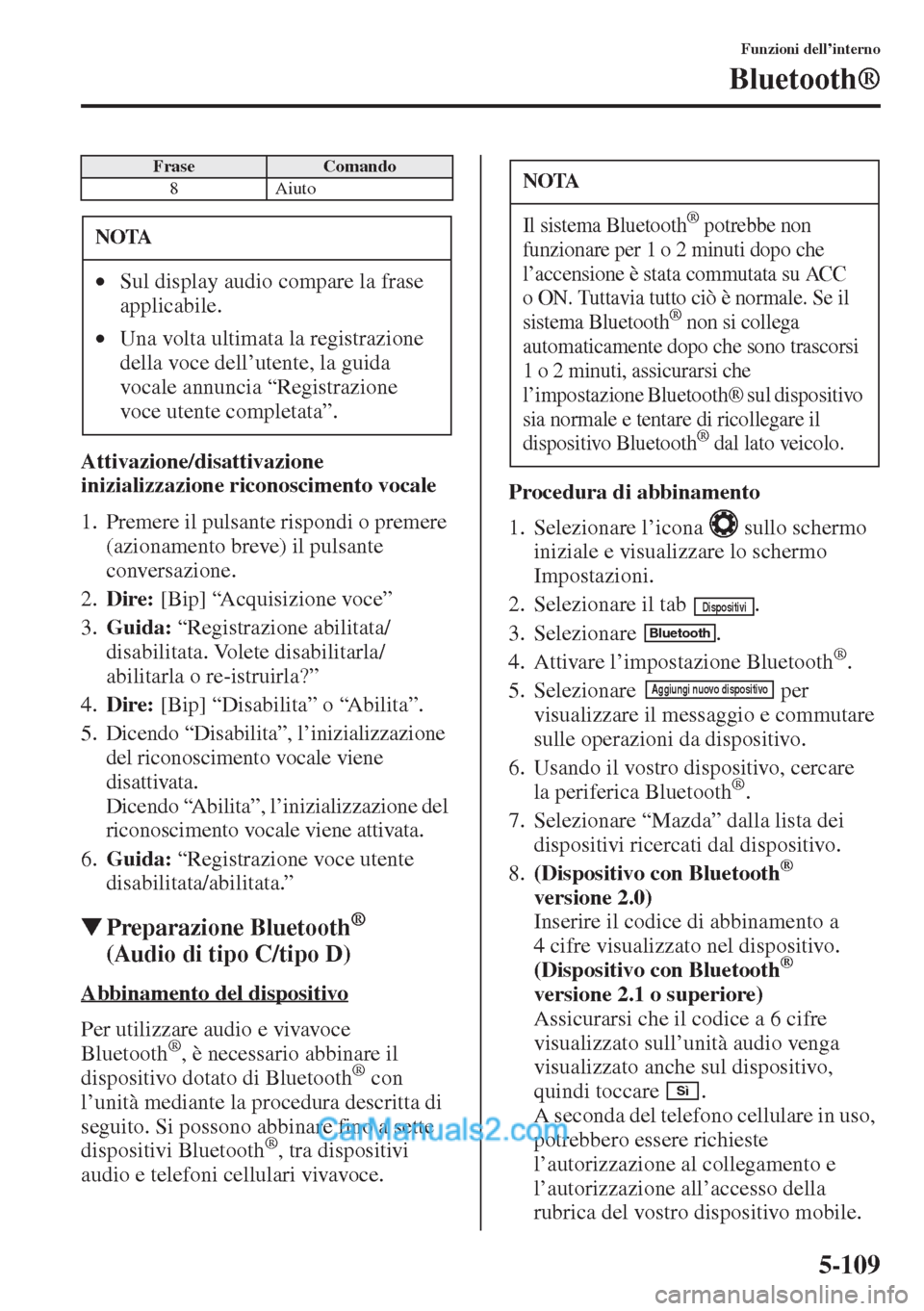 MAZDA MODEL CX-5 2015 Manuale del proprietario (in Italian) 5-109
Funzioni dell’interno
Bluetooth®
Attivazione/disattivazione
inizializzazione riconoscimento vocale
1. Premere il pulsante rispondi o premere
(azionamento breve) il pulsante
conversazione.
MAZDA MODEL CX-5 2015 Manuale del proprietario (in Italian) 5-109
Funzioni dell’interno
Bluetooth®
Attivazione/disattivazione
inizializzazione riconoscimento vocale
1. Premere il pulsante rispondi o premere
(azionamento breve) il pulsante
conversazione.