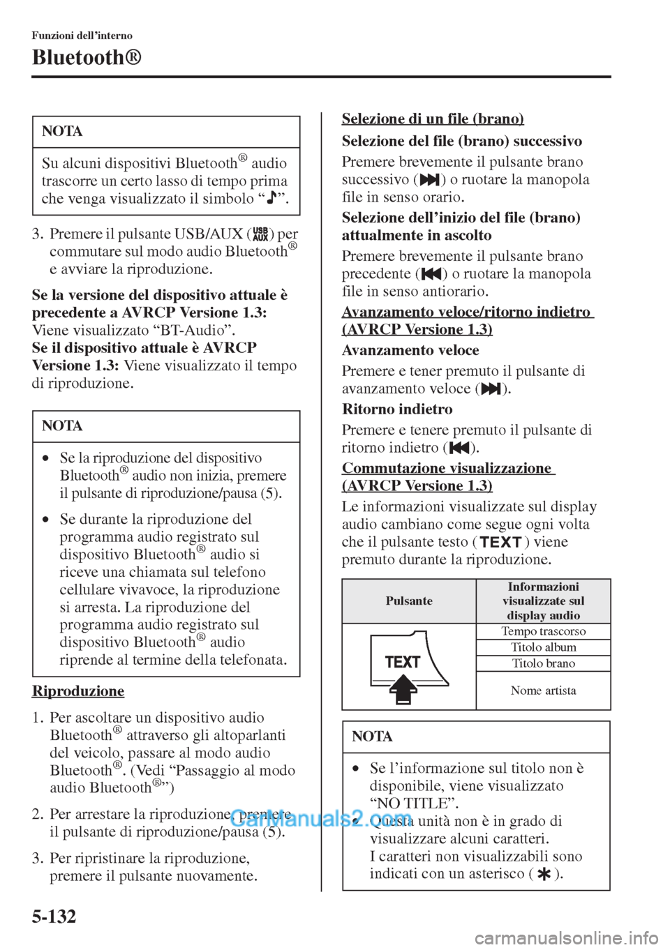 MAZDA MODEL CX-5 2015 Manuale del proprietario (in Italian) 5-132
Funzioni dell’interno
Bluetooth®
3. Premere il pulsante USB/AUX ( ) per
commutare sul modo audio Bluetooth®
e avviare la riproduzione.
Se la versione del dispositivo attuale è
precedente MAZDA MODEL CX-5 2015 Manuale del proprietario (in Italian) 5-132
Funzioni dell’interno
Bluetooth®
3. Premere il pulsante USB/AUX ( ) per
commutare sul modo audio Bluetooth®
e avviare la riproduzione.
Se la versione del dispositivo attuale è
precedente