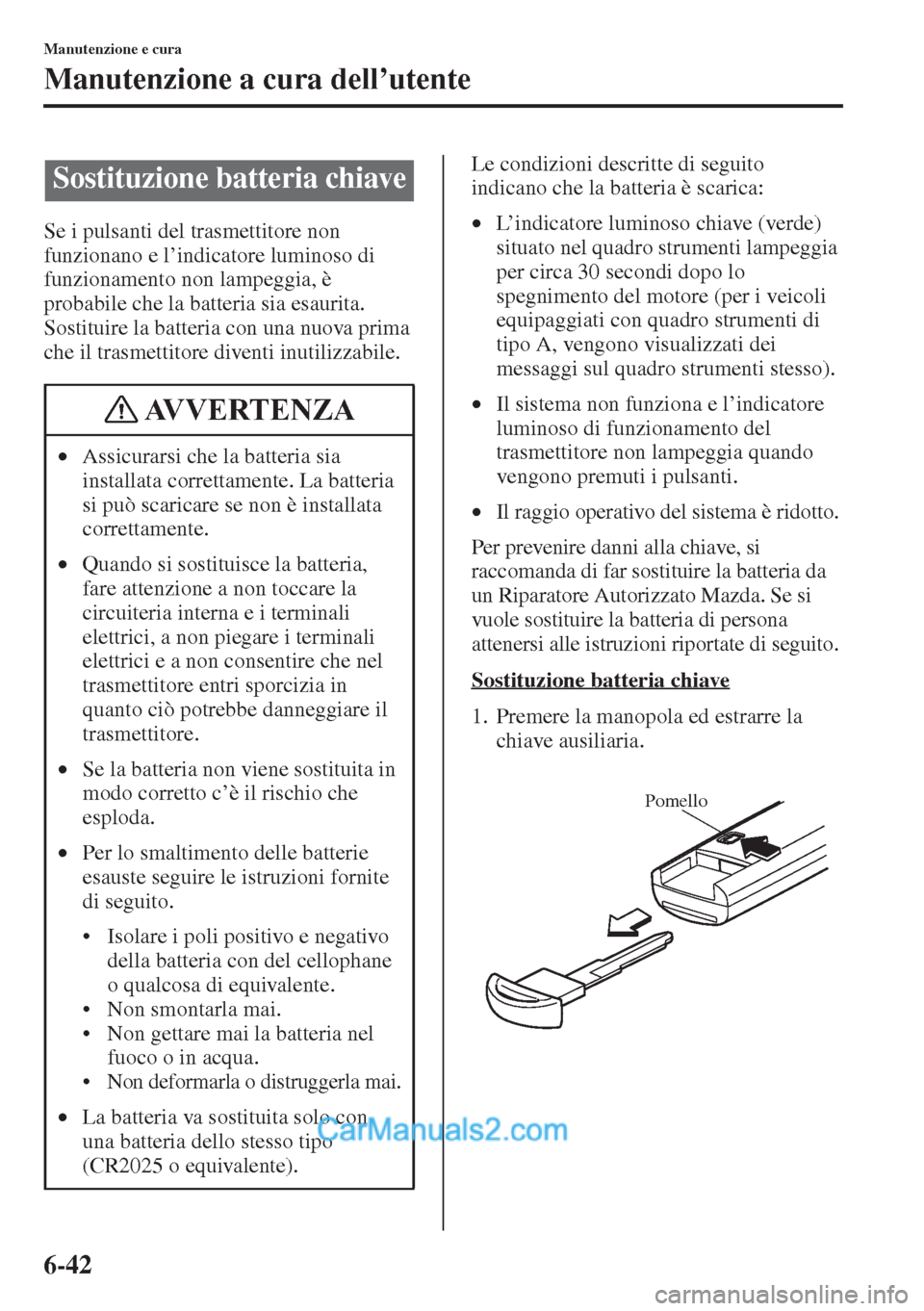 MAZDA MODEL CX-5 2015  Manuale del proprietario (in Italian) 6-42
Manutenzione e cura
Manutenzione a cura dell’utente
Se i pulsanti del trasmettitore non 
funzionano e l’indicatore luminoso di 
funzionamento non lampeggia, è 
probabile che la batteria sia 
