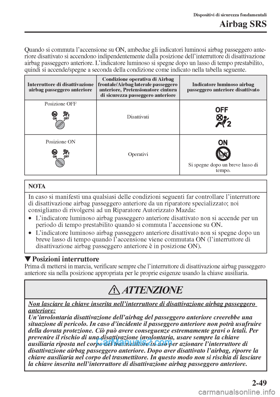 MAZDA MODEL CX-5 2015 Manuale del proprietario (in Italian) 2-49
Dispositivi di sicurezza fondamentali
Airbag SRS
Quando si commuta l’accensione su ON, ambedue gli indicatori luminosi airbag passeggero ante-
riore disattivato si accendono indipendentemente d MAZDA MODEL CX-5 2015 Manuale del proprietario (in Italian) 2-49
Dispositivi di sicurezza fondamentali
Airbag SRS
Quando si commuta l’accensione su ON, ambedue gli indicatori luminosi airbag passeggero ante-
riore disattivato si accendono indipendentemente d