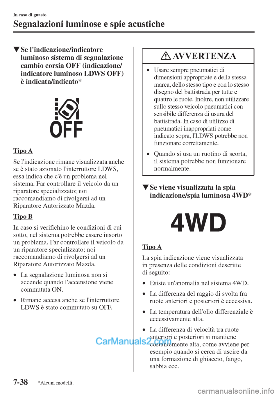 MAZDA MODEL CX-5 2015  Manuale del proprietario (in Italian) 7-38
In caso di guasto
Segnalazioni luminose e spie acustiche
�WSe lindicazione/indicatore 
luminoso sistema di segnalazione 
cambio corsia OFF (indicazione/
indicatore luminoso LDWS OFF) 
è indicat