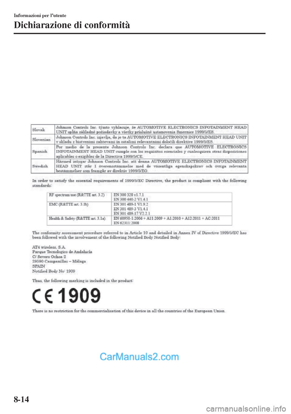 MAZDA MODEL CX-5 2015  Manuale del proprietario (in Italian) 8-14
Informazioni per l’utente
Dichiarazione di conformità  