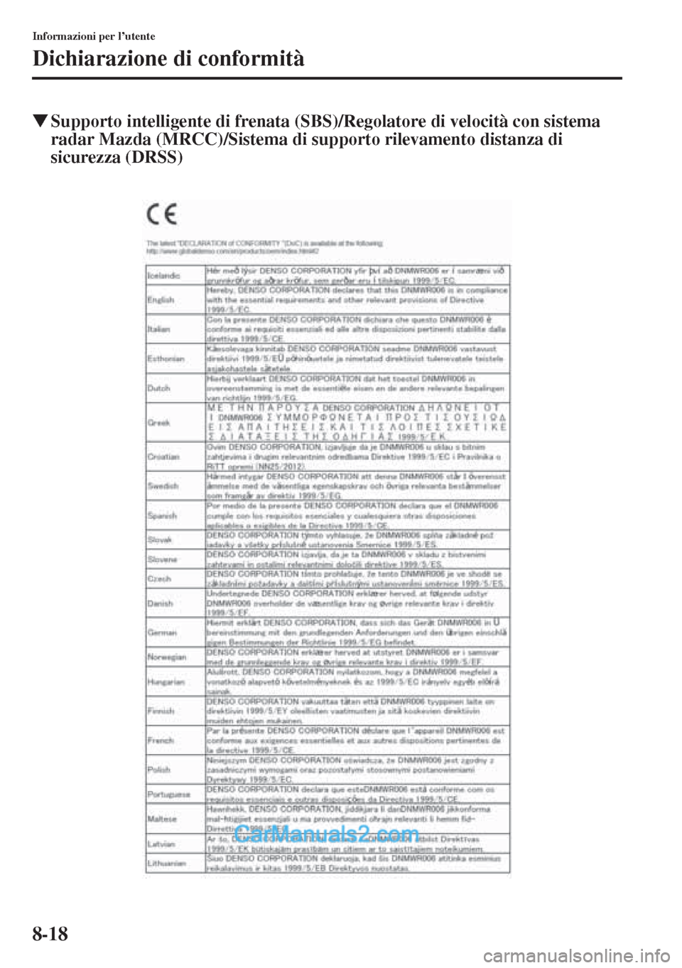 MAZDA MODEL CX-5 2015  Manuale del proprietario (in Italian) 8-18
Informazioni per l’utente
Dichiarazione di conformità
�WSupporto intelligente di frenata (SBS)/Regolatore di velocità con sistema 
radar Mazda (MRCC)/Sistema di supporto rilevamento distanza 