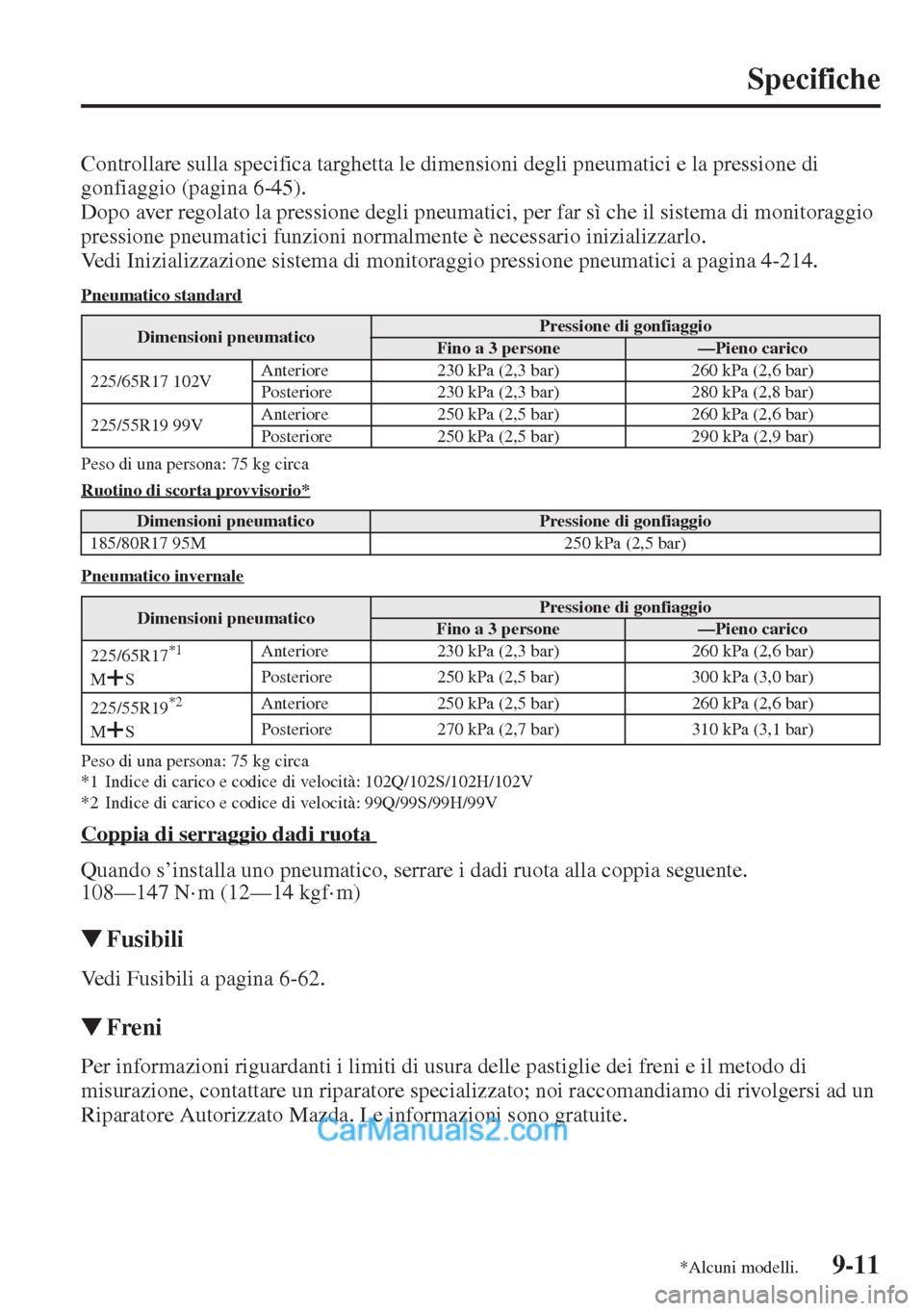 MAZDA MODEL CX-5 2015 Manuale del proprietario (in Italian) 9-11
Specifiche
Controllare sulla specifica targhetta le dimensioni degli pneumatici e la pressione di
gonfiaggio (pagina 6-45).
Dopo aver regolato la pressione degli pneumatici, per far sì che il s MAZDA MODEL CX-5 2015 Manuale del proprietario (in Italian) 9-11
Specifiche
Controllare sulla specifica targhetta le dimensioni degli pneumatici e la pressione di
gonfiaggio (pagina 6-45).
Dopo aver regolato la pressione degli pneumatici, per far sì che il s