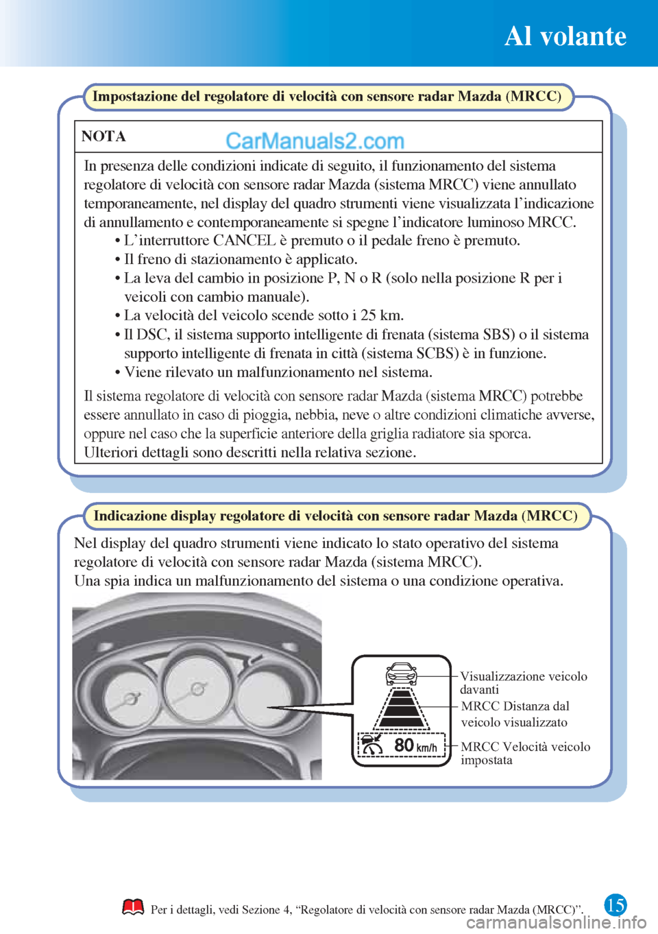 MAZDA MODEL CX-5 2015  Guida Rapida (in Italian) 15
Al volante
Per i dettagli, vedi Sezione 4, “Regolatore di velocità con sensore radar Mazda (MRCC)”.
Indicazione display regolatore di velocità con sensore radar Mazda (MRCC) Impostazione del 