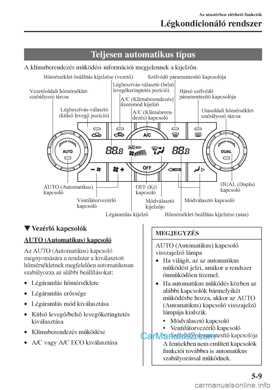 MAZDA MODEL CX-5 2015  Kezelési útmutató (in Hungarian) 5-9
Az utastérben elérhet funkciók
Légkondicionáló rendszer
A klímaberendezés m&ködési információi megjelennek a kijelzn.
�WVezérl kapcsolók
AUTO (Automatikus) kapcsoló
Az AUTO (