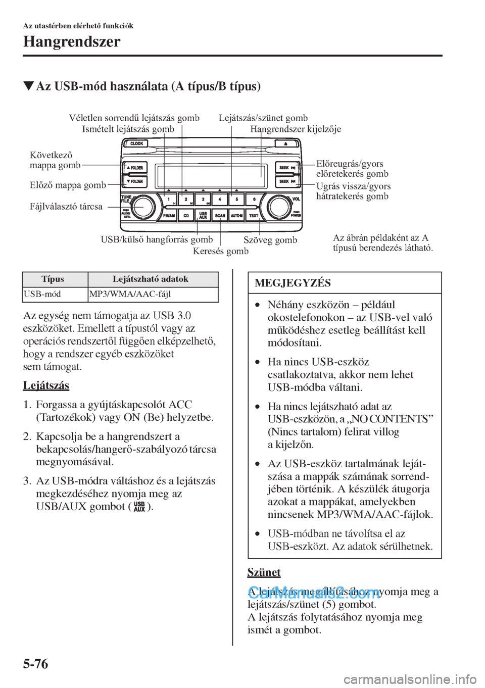 MAZDA MODEL CX-5 2015  Kezelési útmutató (in Hungarian) 5-76
Az utastérben elérhet funkciók
Hangrendszer
�WAz USB-mód használata (A típus/B típus)
Az egység nem támogatja az USB 3.0 
eszközöket. Emellett a típustól vagy az 
operációs rends