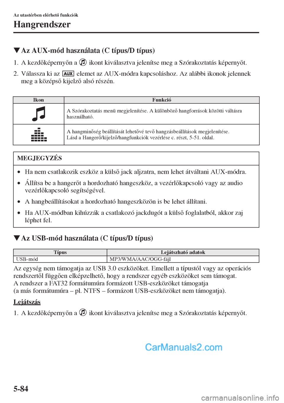 MAZDA MODEL CX-5 2015  Kezelési útmutató (in Hungarian) 5-84
Az utastérben elérhet funkciók
Hangrendszer
�WAz AUX-mód használata (C típus/D típus)
1. A kezdképernyn a   ikont kiválasztva jelenítse meg a Szórakoztatás képernyt.
2. Vála