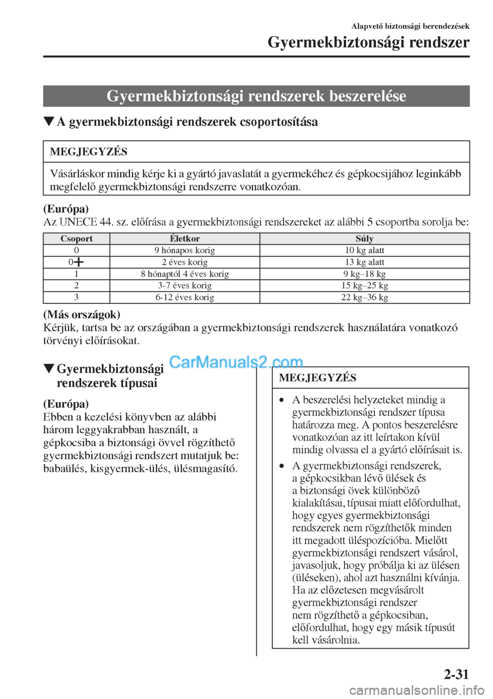 MAZDA MODEL CX-5 2015  Kezelési útmutató (in Hungarian) 2-31
Alapvet biztonsági berendezések
Gyermekbiztonsági rendszer
�WA gyermekbiztonsági rendszerek csoportosítása
(Európa)
Az UNECE 44. sz. elírása a gyermekbiztonsági rendszereket az alá