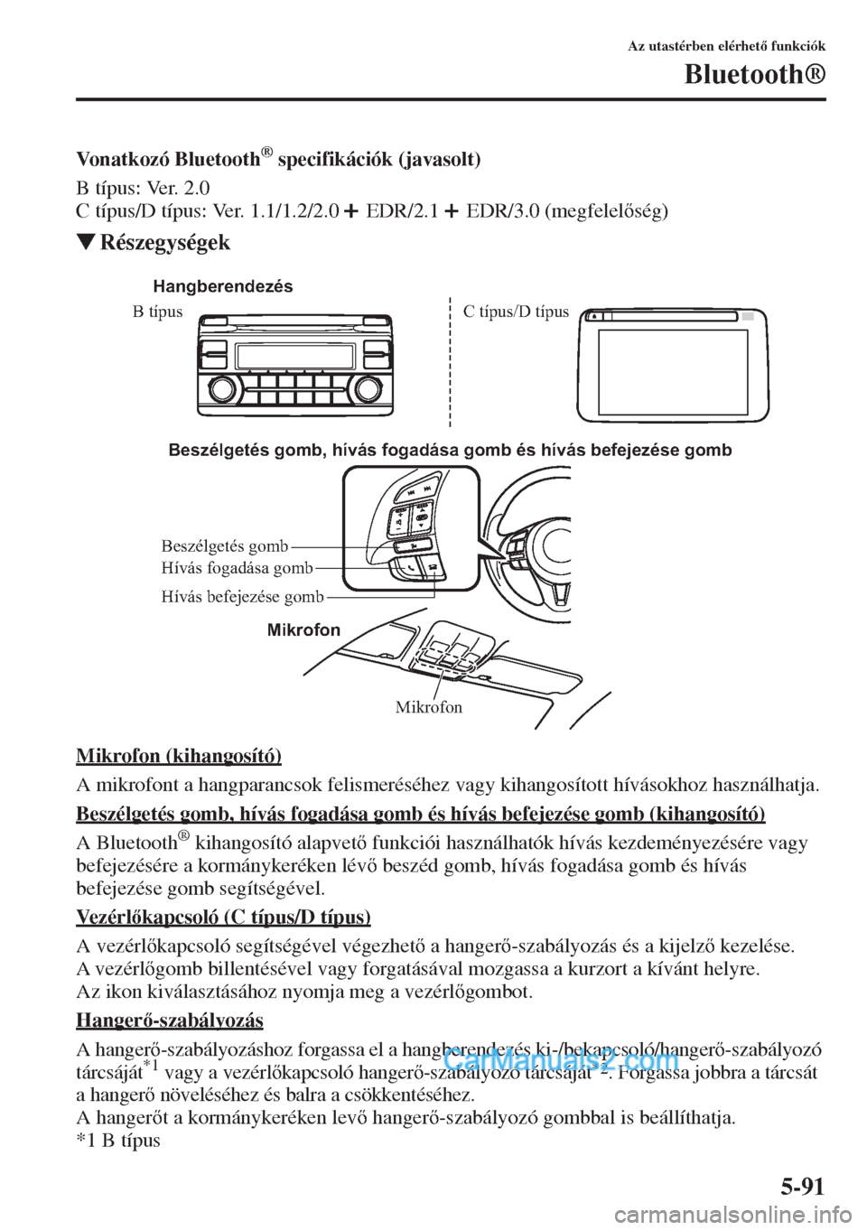 MAZDA MODEL CX-5 2015  Kezelési útmutató (in Hungarian) 5-91
Az utastérben elérhet funkciók
Bluetooth®
Vonatkozó Bluetooth® specifikációk (javasolt)
B típus: Ver. 2.0
C típus/D típus: Ver. 1.1/1.2/2.0  EDR/2.1  EDR/3.0 (megfelelség)
�WRész