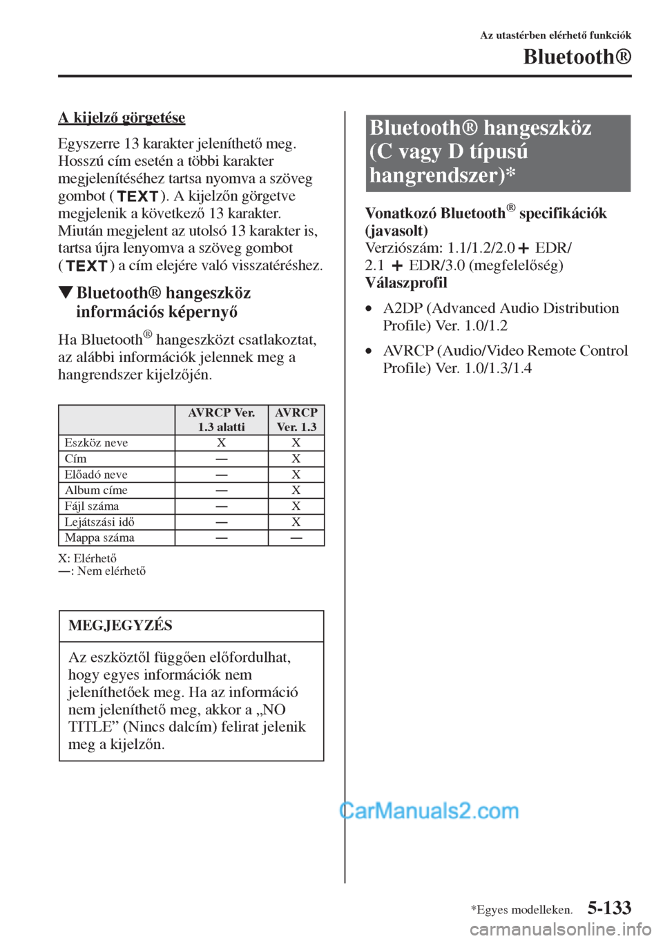 MAZDA MODEL CX-5 2015  Kezelési útmutató (in Hungarian) 5-133
Az utastérben elérhet funkciók
Bluetooth®
A kijelz görgetése
Egyszerre 13 karakter jeleníthet meg. 
Hosszú cím esetén a többi karakter 
megjelenítéséhez tartsa nyomva a szöv