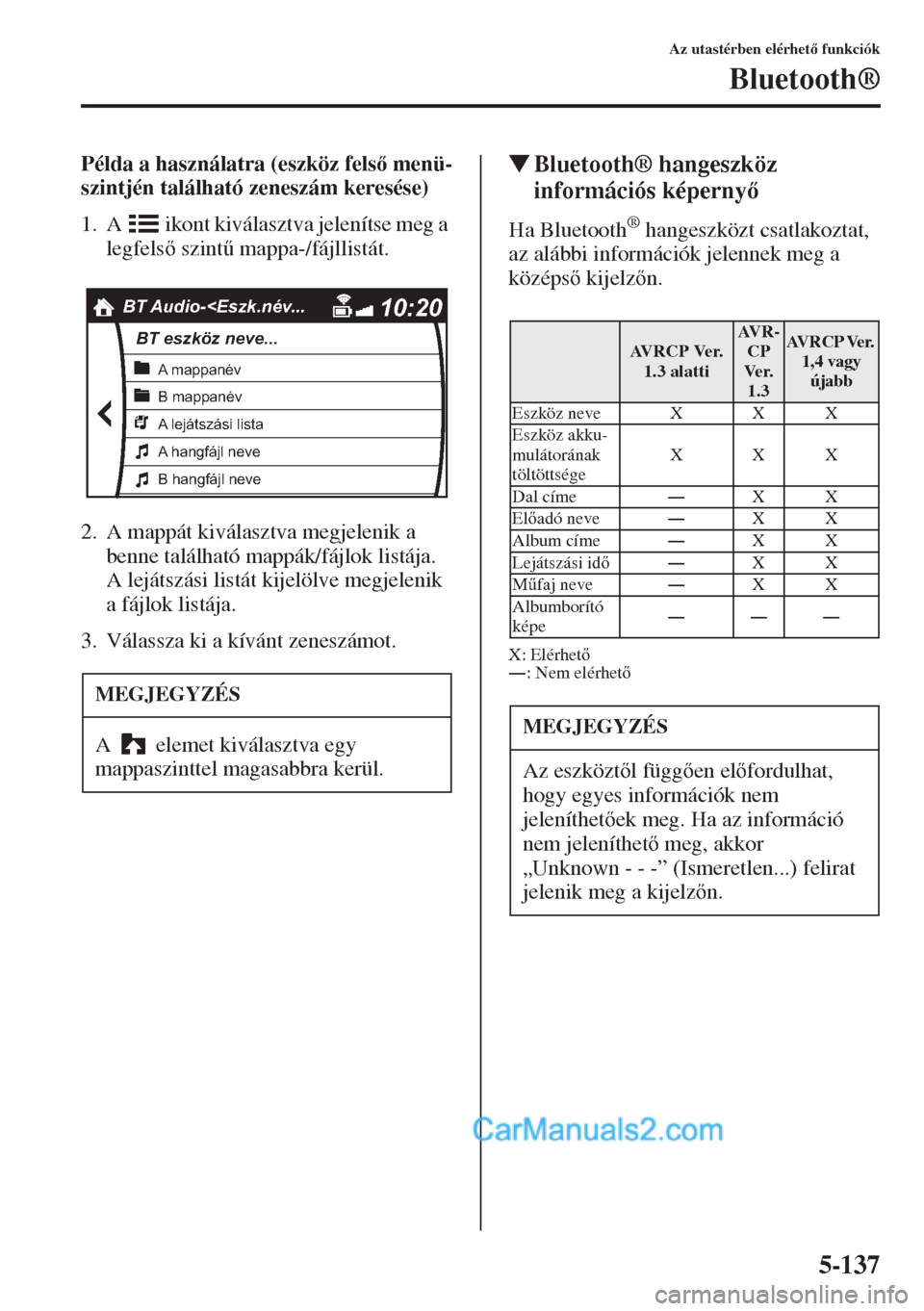 MAZDA MODEL CX-5 2015  Kezelési útmutató (in Hungarian) 5-137
Az utastérben elérhet funkciók
Bluetooth®
Példa a használatra (eszköz fels menü-
szintjén található zeneszám keresése)
1. A   ikont kiválasztva jelenítse meg a 
legfels szin