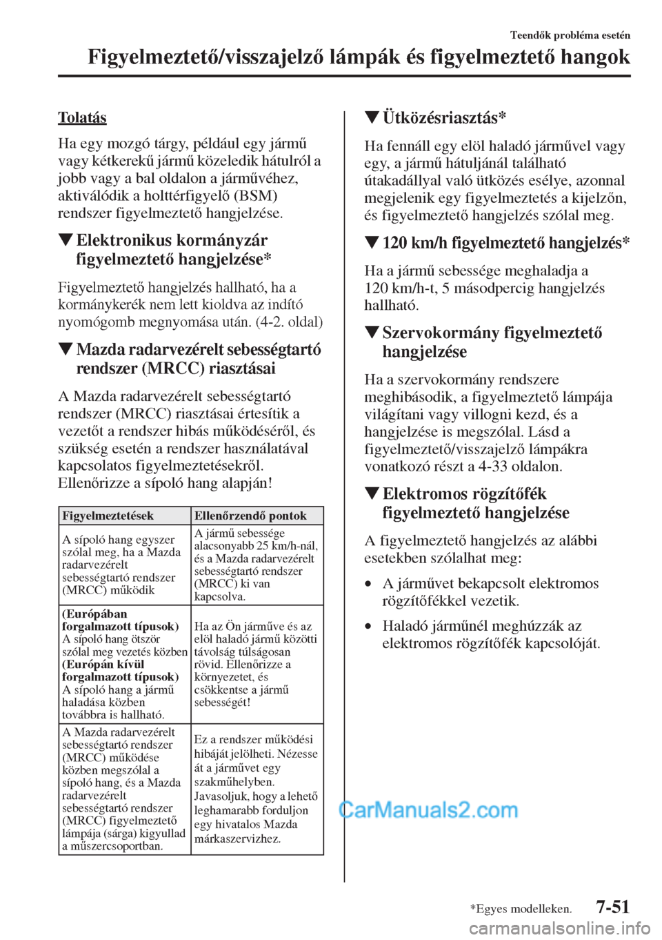 MAZDA MODEL CX-5 2015  Kezelési útmutató (in Hungarian) 7-51
Teendk probléma esetén
Figyelmeztet/visszajelz lámpák és figyelmeztet hangok
To l a t á s
Ha egy mozgó tárgy, például egy járm& 
vagy kétkerek& járm& közeledik hátulról