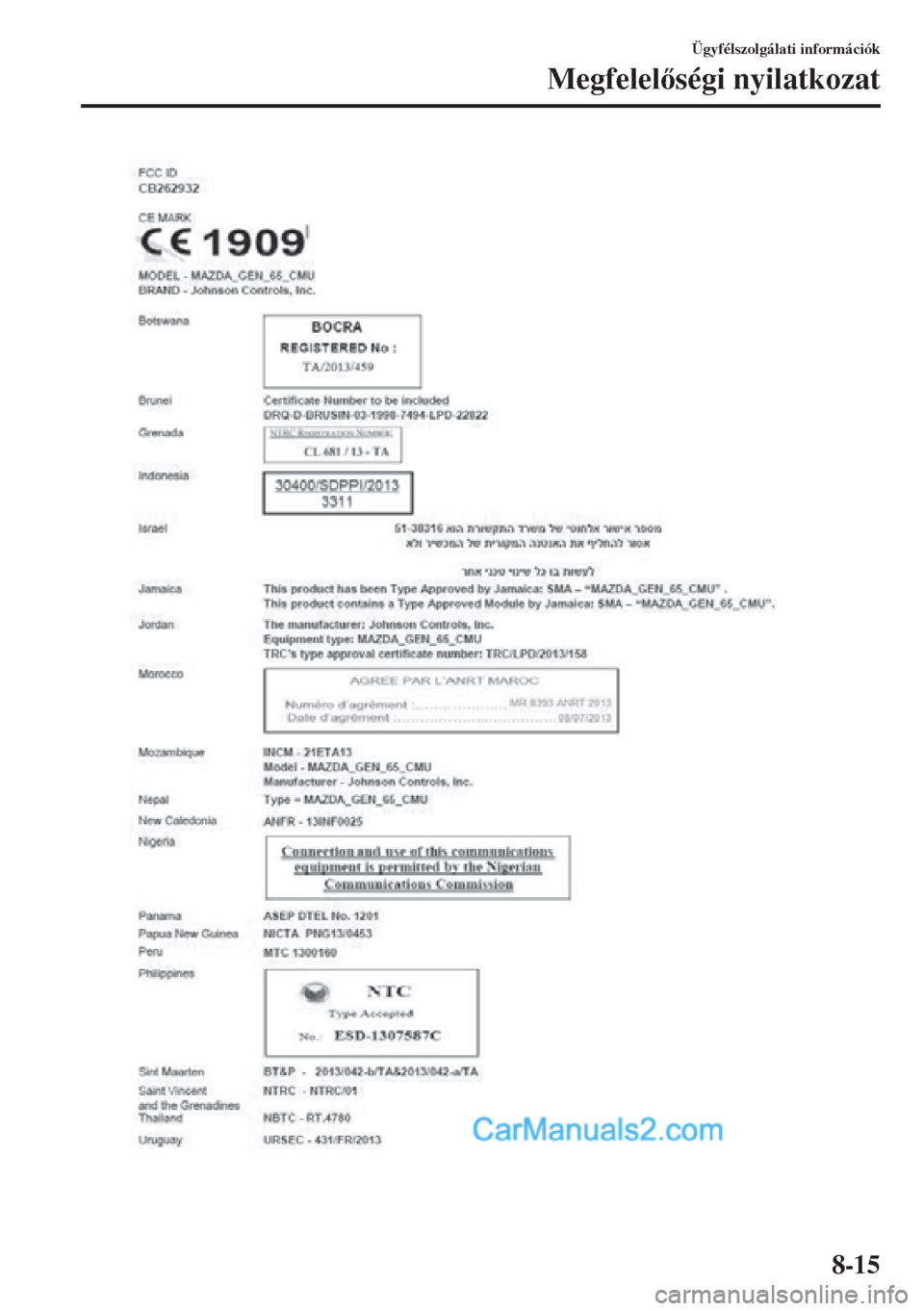 MAZDA MODEL CX-5 2015  Kezelési útmutató (in Hungarian) 8-15
Ügyfélszolgálati információk
Megfelelségi nyilatkozat  