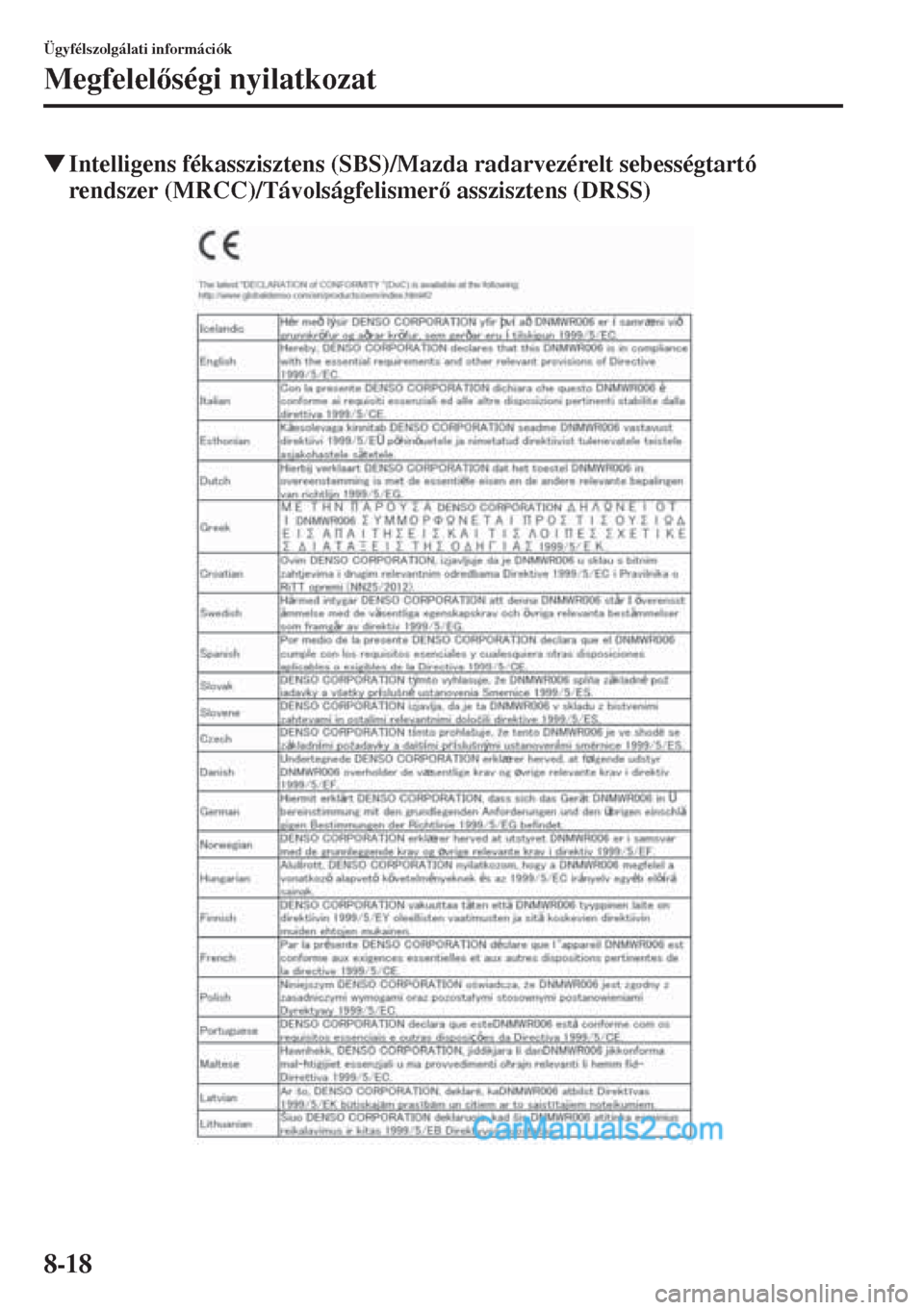 MAZDA MODEL CX-5 2015  Kezelési útmutató (in Hungarian) 8-18
Ügyfélszolgálati információk
Megfelelségi nyilatkozat
�WIntelligens fékasszisztens (SBS)/Mazda radarvezérelt sebességtartó 
rendszer (MRCC)/Távolságfelismer asszisztens (DRSS)  