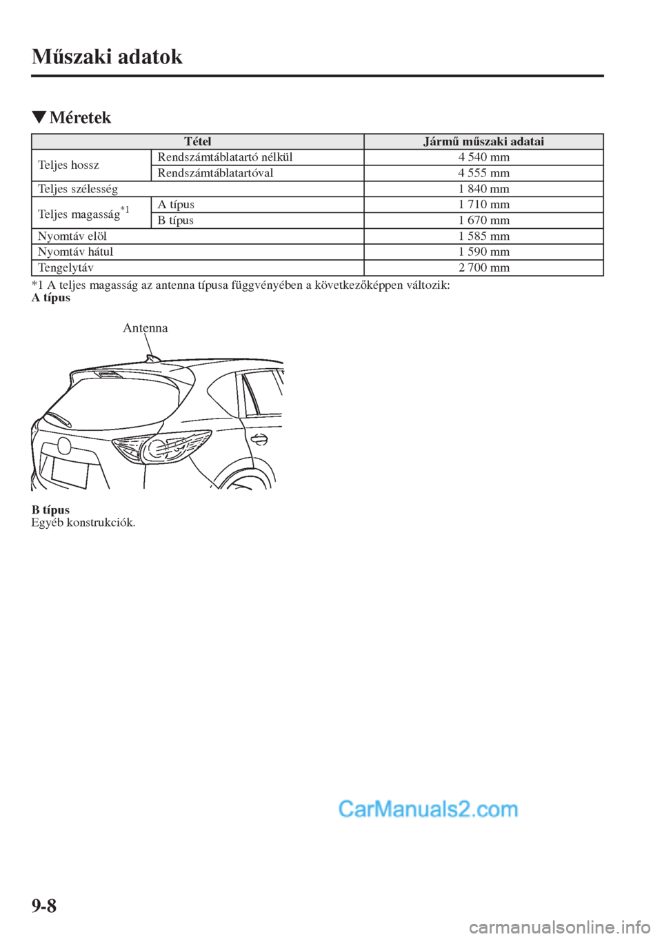 MAZDA MODEL CX-5 2015  Kezelési útmutató (in Hungarian) 9-8
M&szaki adatok
�WMéretek
*1 A teljes magasság az antenna típusa függvényében a következképpen változik:
A típus
B típus
Egyéb konstrukciók.
TételJárm& m&szaki adatai
Teljes hos