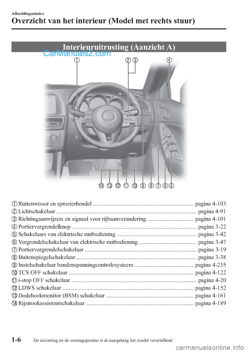 MAZDA MODEL CX-5 2015 Handleiding (in Dutch) Interieuruitrusting (Aanzicht A)
Ruitenwisser en sproeierhendel .................................................................... pagina 4-103
Lichtschakelaar ...................................... MAZDA MODEL CX-5 2015 Handleiding (in Dutch) Interieuruitrusting (Aanzicht A)
Ruitenwisser en sproeierhendel .................................................................... pagina 4-103
Lichtschakelaar ......................................